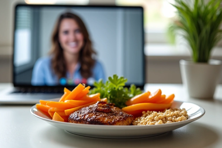 Zdjęcie przedstawiające zrównoważony posiłek z warzywami, owocami, białkiem i ziarnami na tle monitora komputera, symbolizujące dietetyka online.